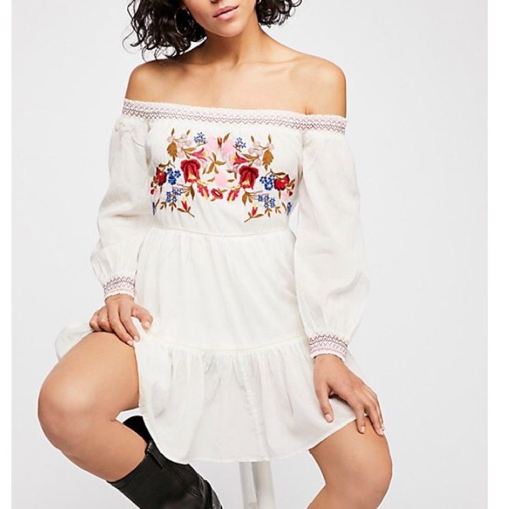 Free people sunbeam embroidered floral shoulder smocked mini dress
